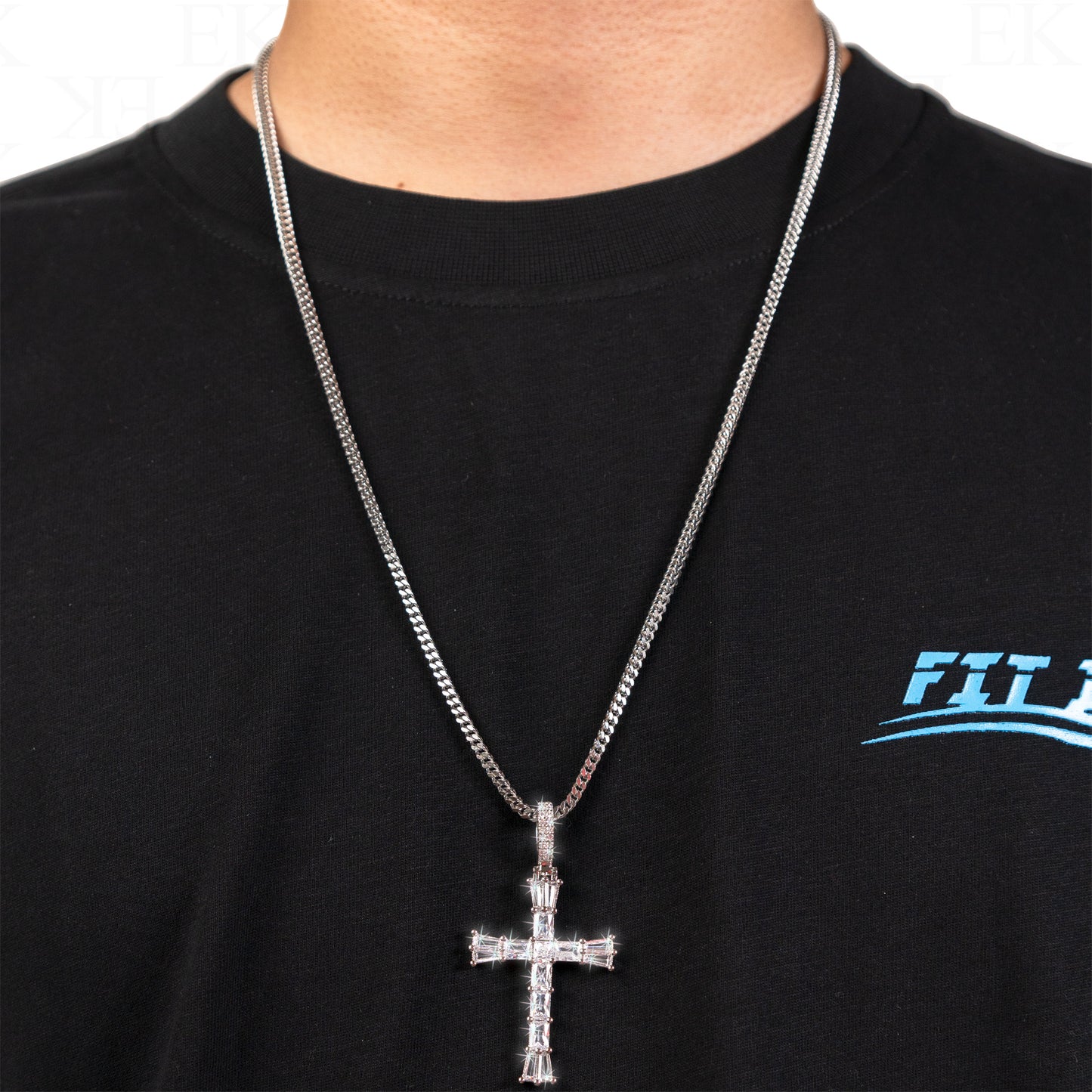 Baguette Cross Necklace Silver