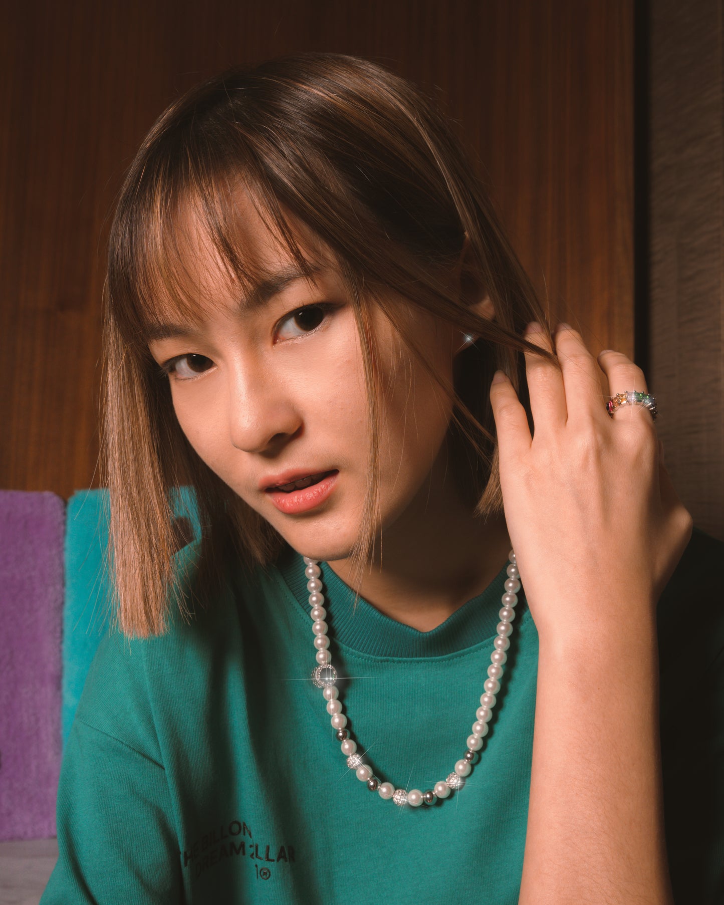 Green Jewels Pearl Necklace Adjustable