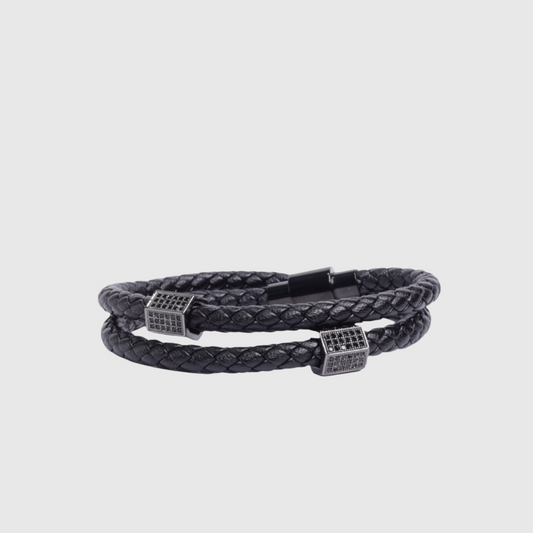 Two Braided Leather Bracelet / Black