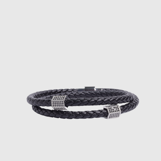 Two Braided Leather Bracelet / Silver