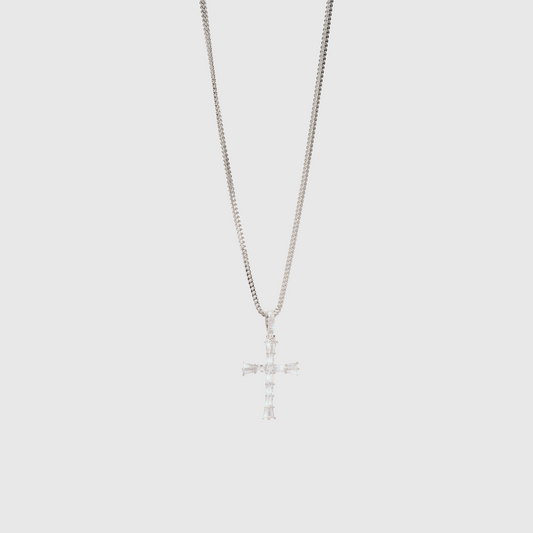 Baguette Cross Necklace Silver